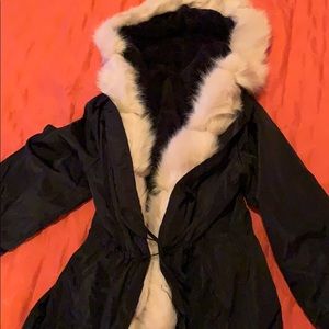 Fur vest. Nautical rain coat. Black fur coat